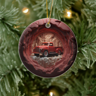 3D Stijl Rode Pickup Vrachtwagen Kerstvakantie Keramisch Ornament
