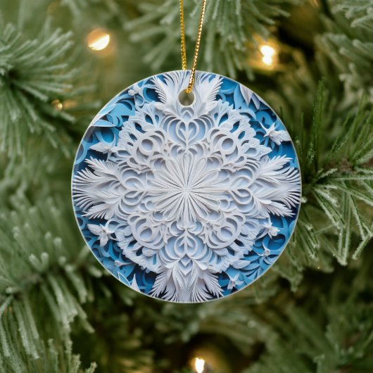 3D Stijl Wit & Blauw Sneeuwvlok Kerstvakantie Keramisch Ornament (Boom)