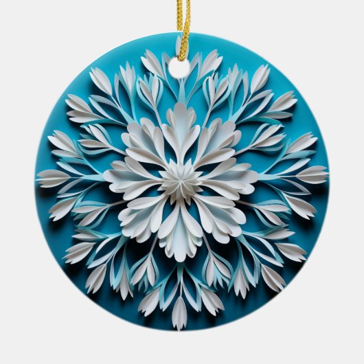 3D Stijl Wit & Blauw Sneeuwvlok Kerstvakantie Keramisch Ornament (Voorkant)