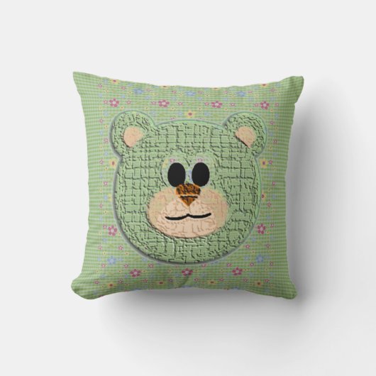 3D Teddybeer met ruitjes en bloemen Kussen (Voorkant)