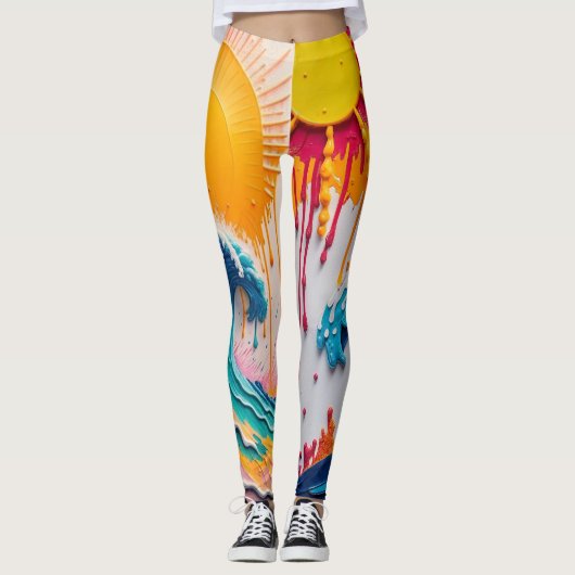 3D Textured Tropical Wave & Sun Abstract Impasto Leggings (Voorkant)