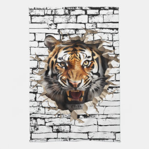 3D Tijger Muurbreuk Kunst – Realistisch Safari Theedoek