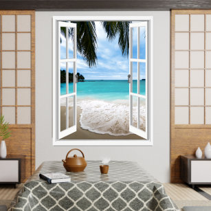3D Tropisch Zee en Uitzicht van het Beach-venster Poster