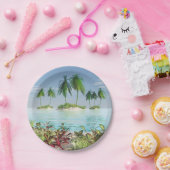 3D tropische zandstrand op de palmeilanden Papieren Bordje (Feest)