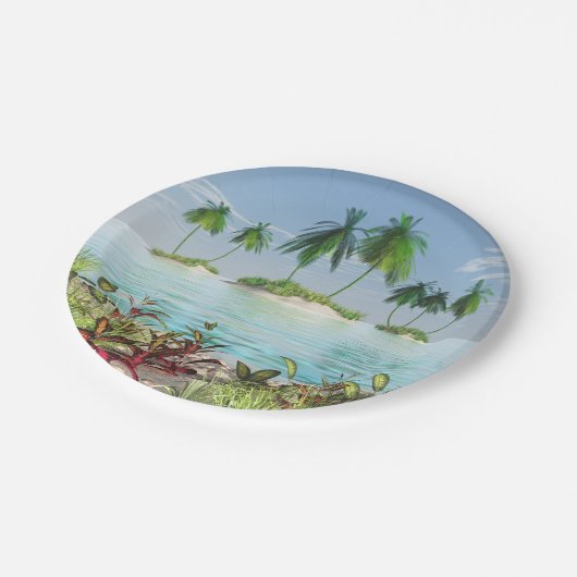 3D tropische zandstrand op de palmeilanden Papieren Bordje (Gekanteld)