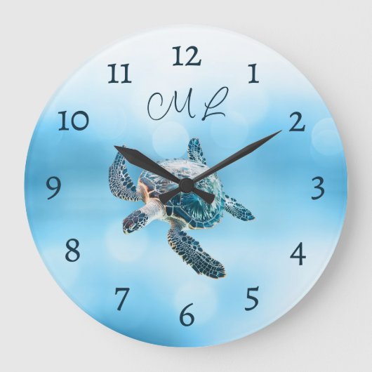 3D Turtle Zilveren Monogram Grote Klok (Voorkant)