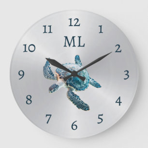 3D Turtle Zilveren Monogram Grote Klok