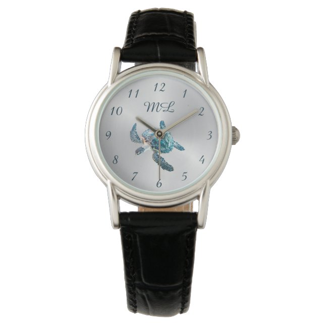 3D Turtle Zilveren Monogram Horloge (Voorkant)