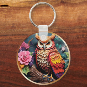 3D Uil met Flowers himsical Natuur-geïnspireerd Sleutelhanger