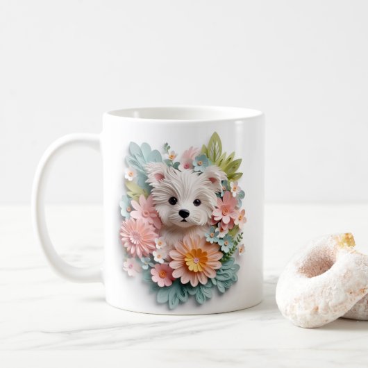 3D uitziende geprinte witte pastel puppy Koffiemok (Met donut)