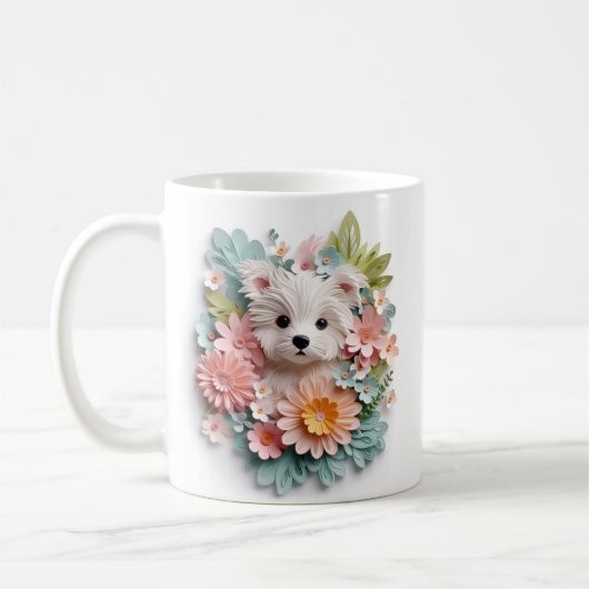 3D uitziende geprinte witte pastel puppy Koffiemok (Links)