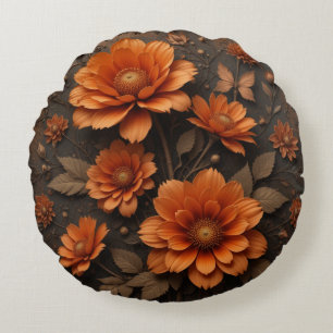3D Victoriaans verbrand sinaasappel grote bloemen Rond Kussen