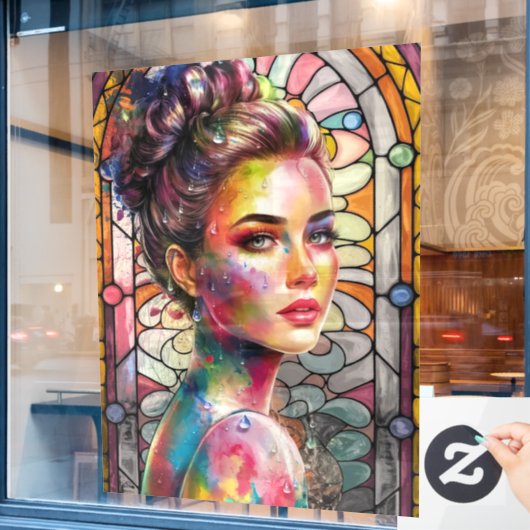 3D Waterverf Stijlvolle Lady Gezicht met Kleur Spl Raamsticker (Cafe Raam)