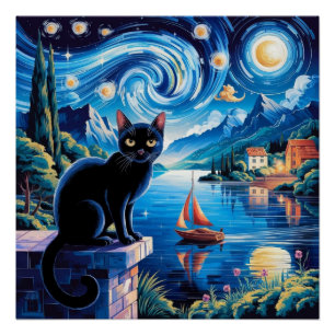 3D-weergave van Art Nouveau Chibi Cat met kroon Perfect Poster