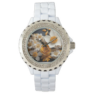 3D-weergave van oranje en witte bloemen Horloge