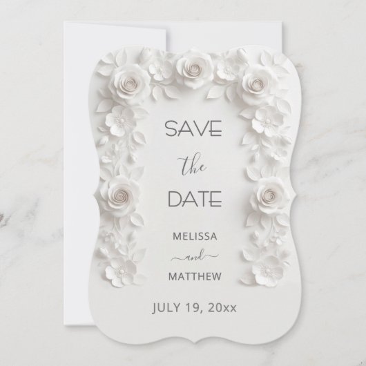 3D White Roses Save The Date Card (Voorkant)