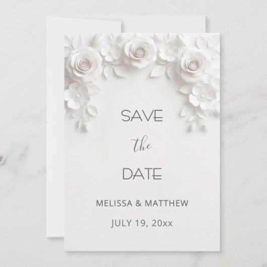 3D White Roses Save The Date Card (Voorkant)