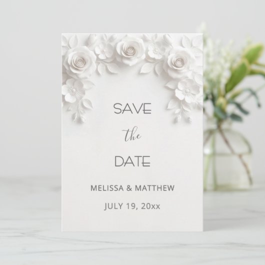 3D White Roses Save The Date Card (Staand voorkant)