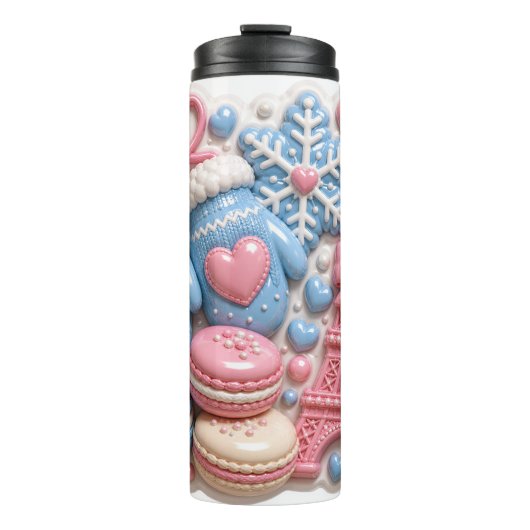3D Winter Frankrijk Eiffeltoren Macarons Puffy Thermosbeker (Voorkant)
