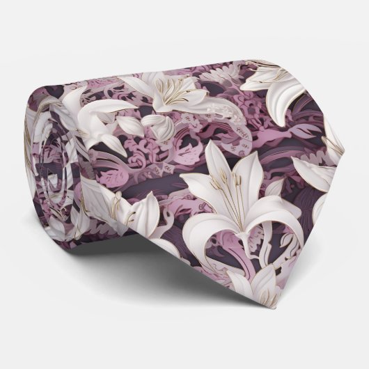 3D wit roze paarse lelies Stropdas (Opgerold)