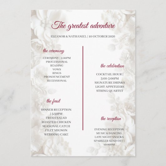 3D Witte Bloemrijke Bordeaux Trouwceremonieprogram Programmakaart (Voorkant)