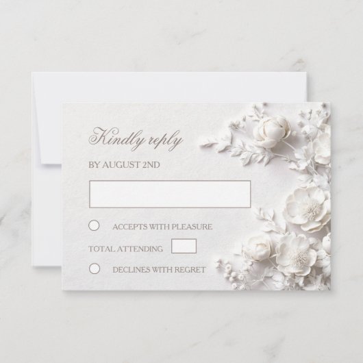 3D Witte Rozen Wilde Bloemen Bruiloft RSVP Kaartje (Voorkant)