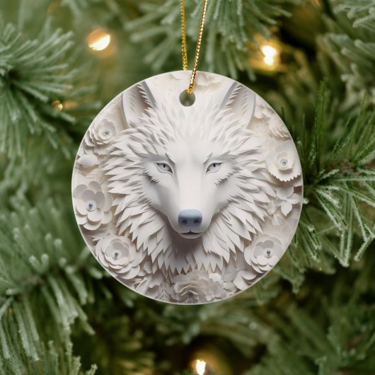 3D Witte Wolf Kerstmis Keramisch Ornament (Boom)