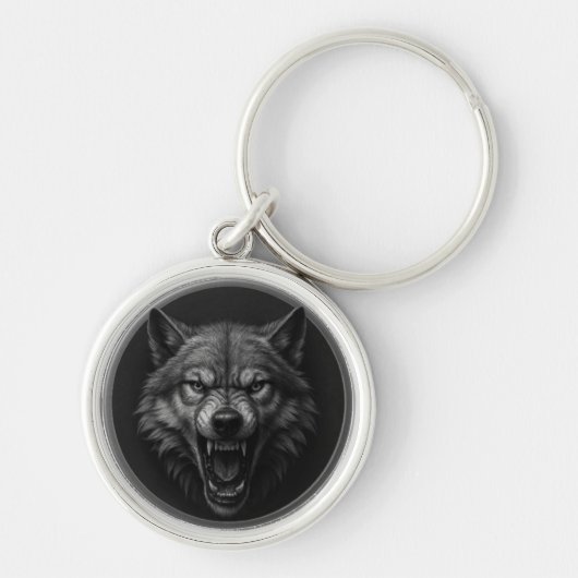 3D Wolf Head Silver Medallion Style Keychain  (Voorkant)