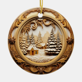 3D Wood Look Wintercabine in de Bossen Keramisch Ornament