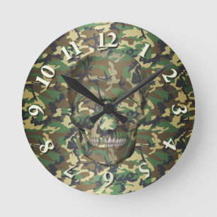 3D Woodland Camo Skull Ronde Klok