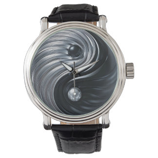 3D Yin Yang Zwart en Zilver Metallic Horloge