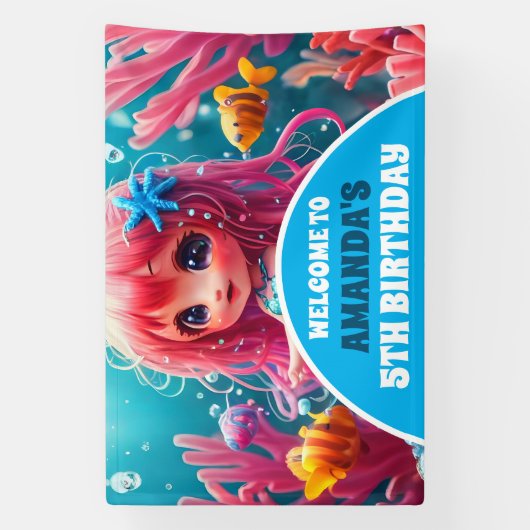 3D Zeemeermin Onder het Zee Verjaardagsfeest Spandoek (Verticaal)