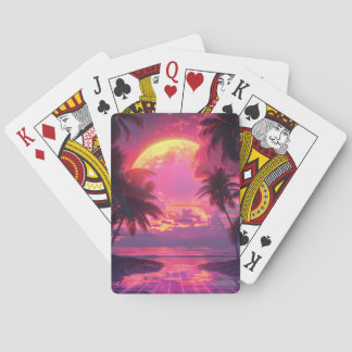 3D zonsondergang op het strand. Retrohandpalmen Pokerkaarten