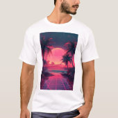 3D zonsondergang op het strand. Retrohandpalmen T-shirt (Voorkant)