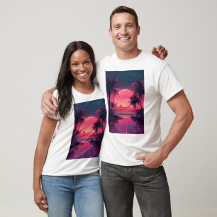 3D zonsondergang op het strand. Retrohandpalmen T-shirt