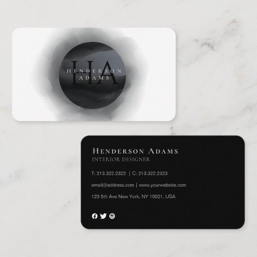 3D zwart-witte Waterverf Monogram Logo Visitekaartje (Voorkant / Achterkant)