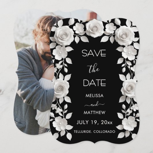 3D Zwarte En Witte Rozen Save The Date Kaart (Voorkant / Achterkant)