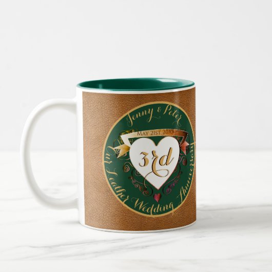 3de Jubileum van het huwelijk Lederen van twee too Tweekleurige Koffiemok (Links)