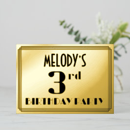 3de verjaardag: Art Deco Kijk "3" en naam Folie Uitnodiging