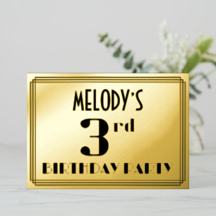 3de verjaardag: Art Deco Kijk "3" en naam Folie Uitnodiging