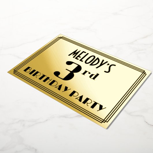 3de verjaardag: Art Deco Kijk "3" en naam Folie Uitnodiging (Gedraaid)