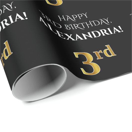 3de verjaardag: Elegant, zwart, Faux Gold look Cadeaupapier (Rol Hoek)