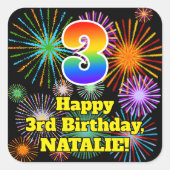 3de verjaardag: Fun Fireworks Kijk, regenboog # 3 Vierkante Sticker (Voorkant)