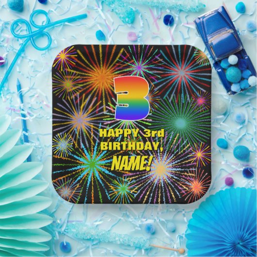 3de verjaardag: kleurrijk, gevierd vuurwerk papieren bordje (Feest)