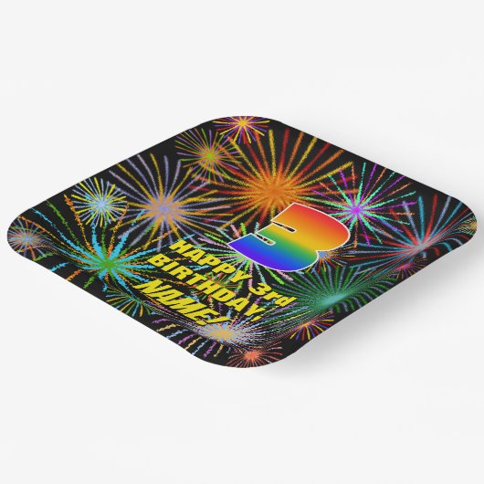 3de verjaardag: kleurrijk, gevierd vuurwerk papieren bordje (Gebogen)