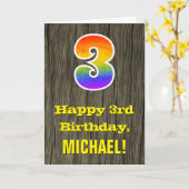 3de verjaardag: Rustic Faux Wood Kijk, regenboog " Kaart (Gele Bloem)