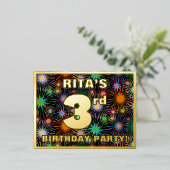 3de verjaardag: Vet, kleurrijk vuurwerk Folie Uitnodiging Briefkaart (Staand Voorkant)