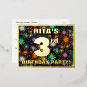 3de verjaardag: Vet, kleurrijk vuurwerk Folie Uitnodiging Briefkaart (Voorkant / Achterkant)