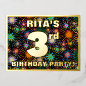 3de verjaardag: Vet, kleurrijk vuurwerk Folie Uitnodiging Briefkaart (Voorkant)