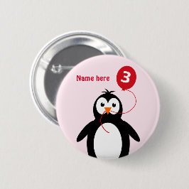 3de verjaardagspinguïn voeg de naam roze toe ronde button 5,7 cm